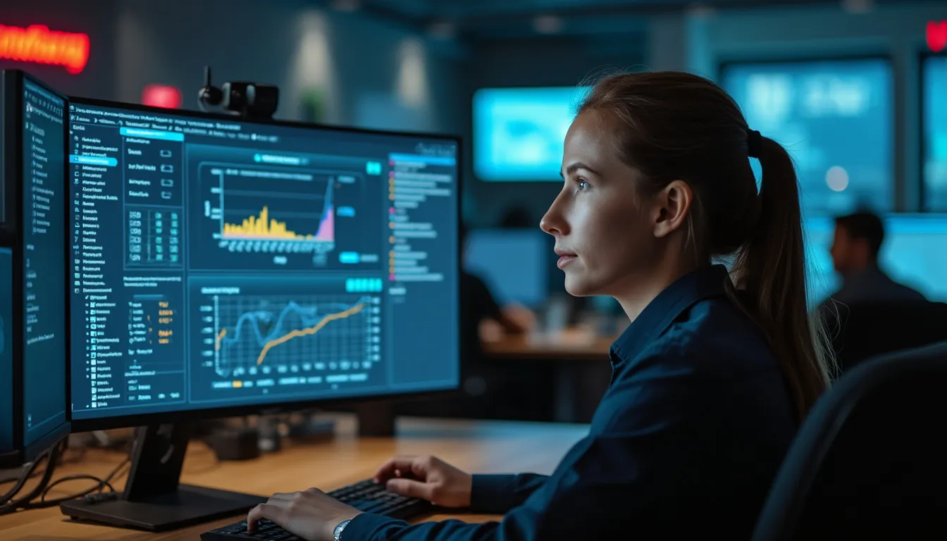 Female analyst sitting in front of a Extended Detection and Response monitor where the dashboard is visible.